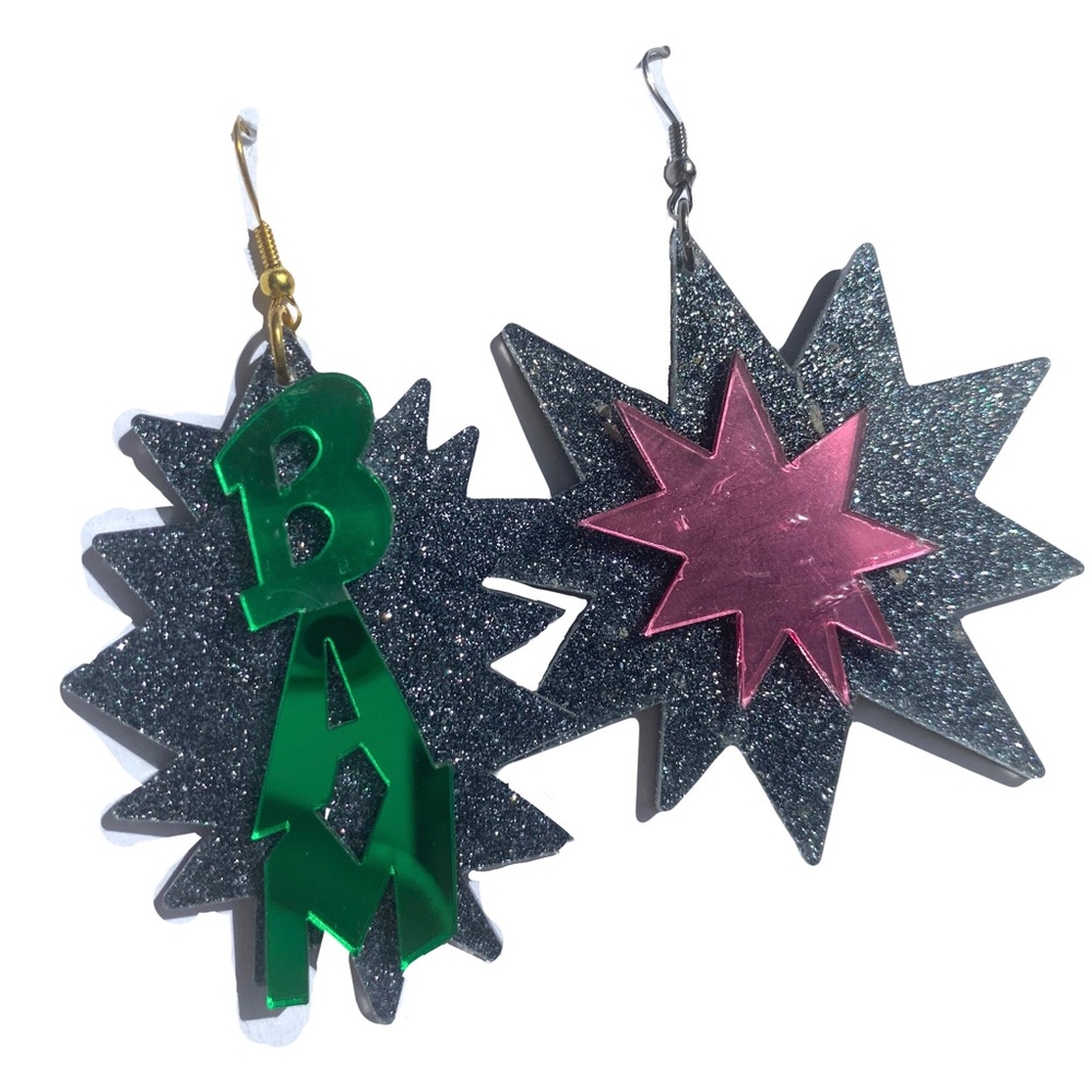 Bam pow BAM comic heros fighter earrings mirror spike superhero wonder